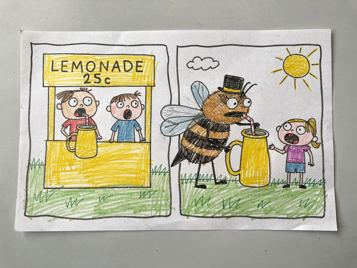 Crayon comic of two kids at a lemonade stand and a bee in a top hat drinking their lemonade.
