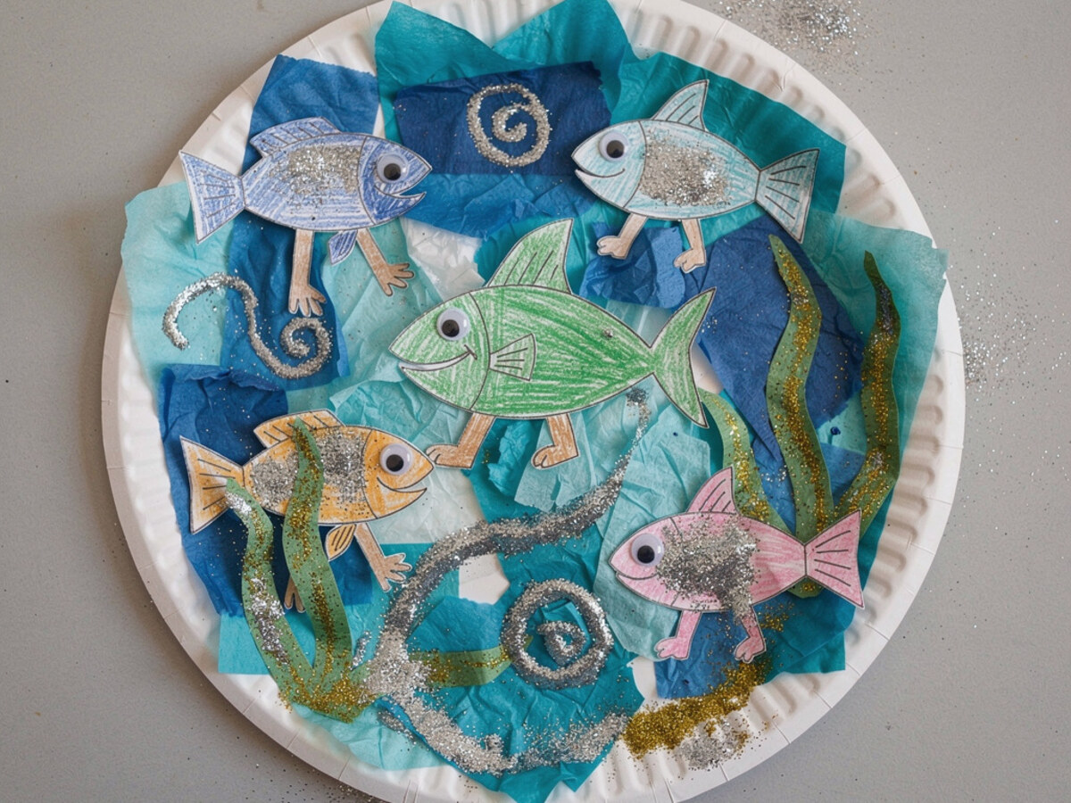 Paper plate collage of paper fish in torn blue tissue paper with glitter glue.