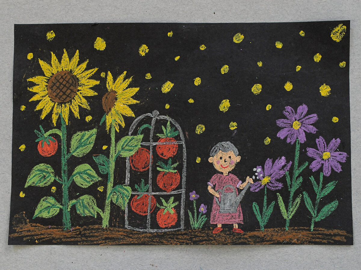 Oil pastel drawing on black paper of a night garden with sunflowers, tomatoes, purple flowers and a small grandma.