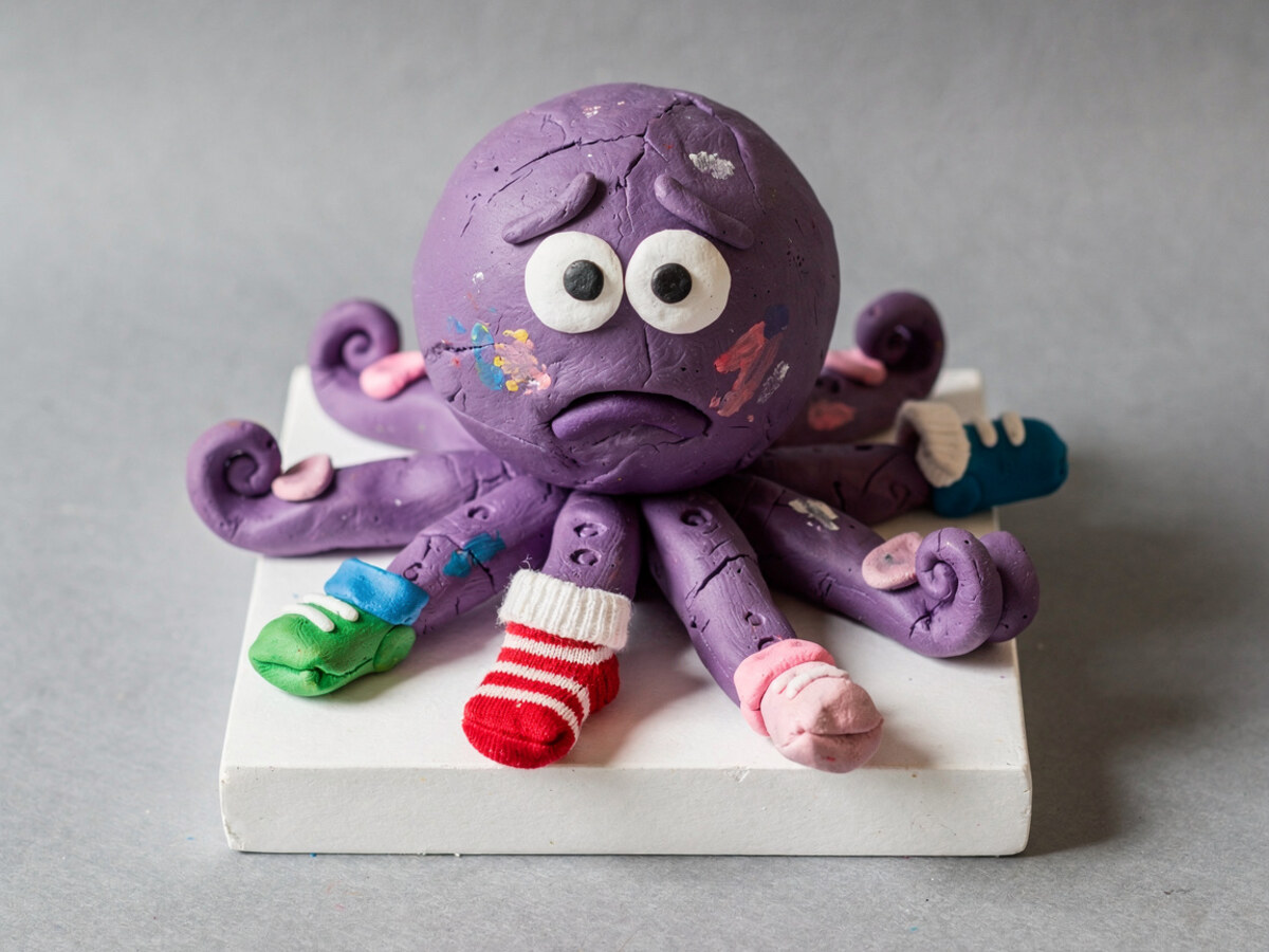 Purple clay octopus with worried eyebrows wearing socks on its arms.