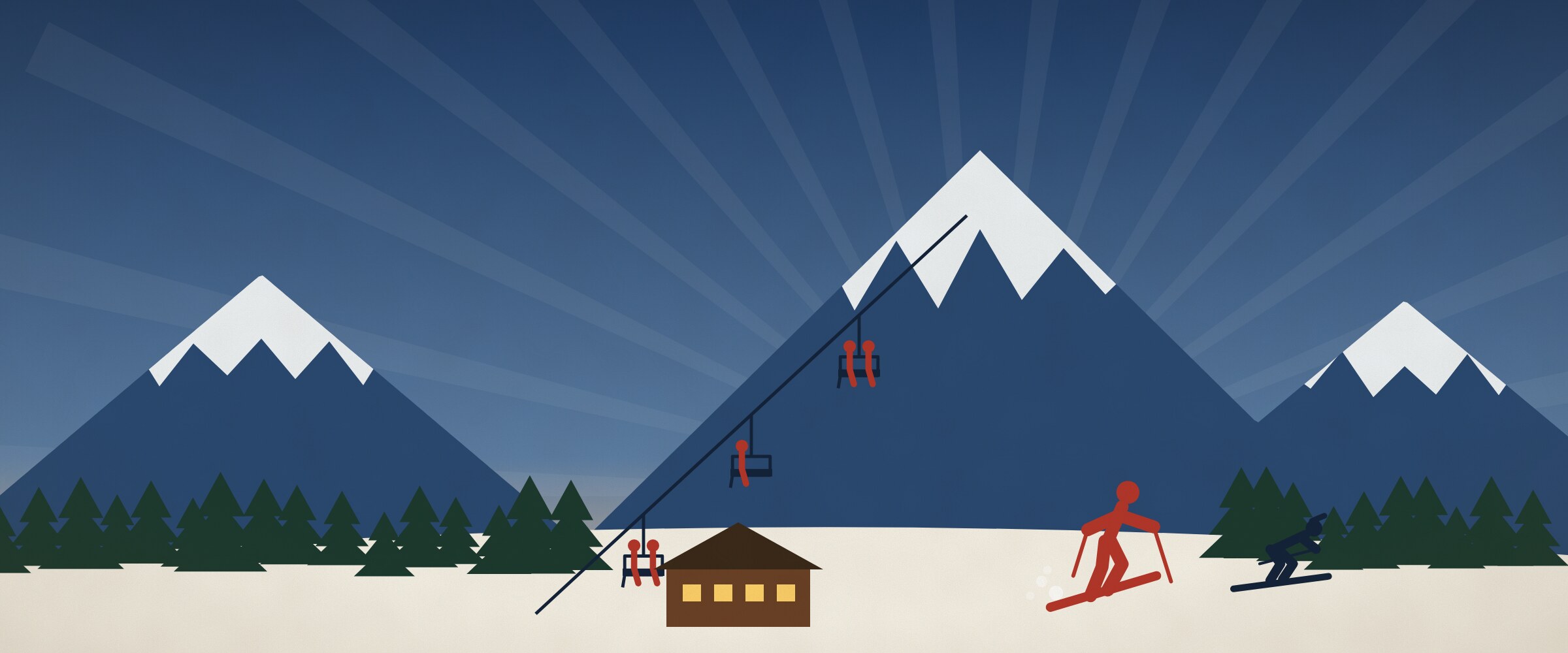 Illustrated panorama of Tincup Mountain at sunset: snowy navy peaks under a gold sun, a chairlift climbing to the summit, the lit lodge at the base, pines and two skiers.