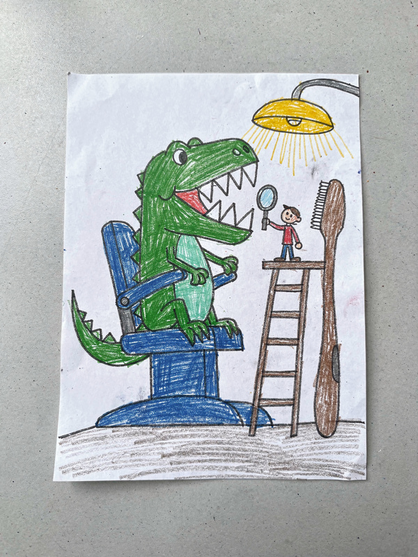 Crayon drawing of a green T. rex in a blue dentist chair with its mouth open, showing big triangle teeth, while a tiny dentist on a ladder holds a mirror.