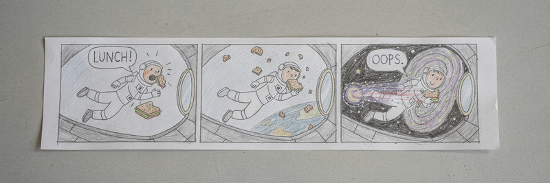 Three-panel colored-pencil comic: an astronaut floats with a sandwich saying LUNCH, bites it so crumbs float everywhere, and the crumbs drift out the window into a spiral galaxy.
