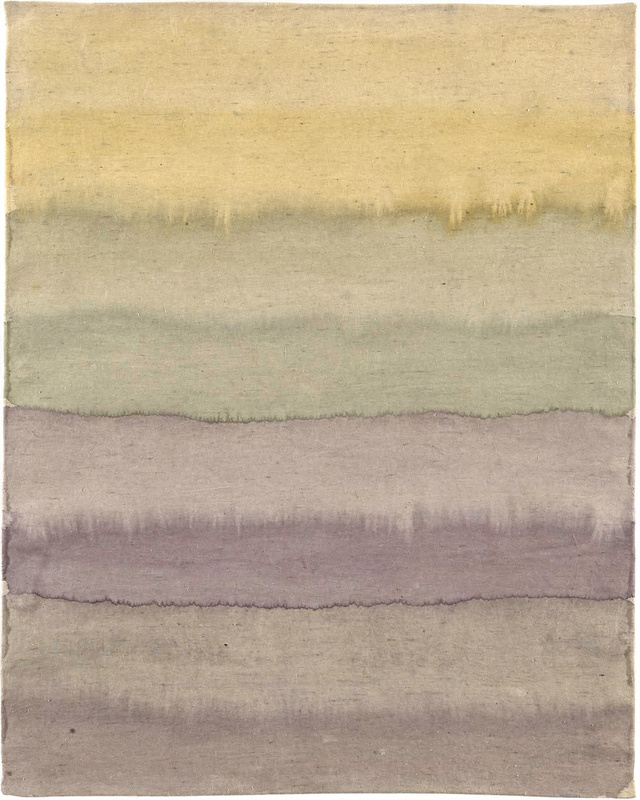 A color field painting of soft horizontal bands of straw yellow, pale sage green and dusty violet, feathered edges, thin translucent oil washes on linen.