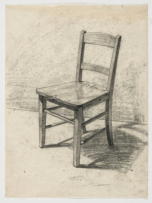 A charcoal drawing of a simple wooden kitchen chair pulled out at an angle, strong light from the left casting a long shadow, smudged tones on off-white paper.