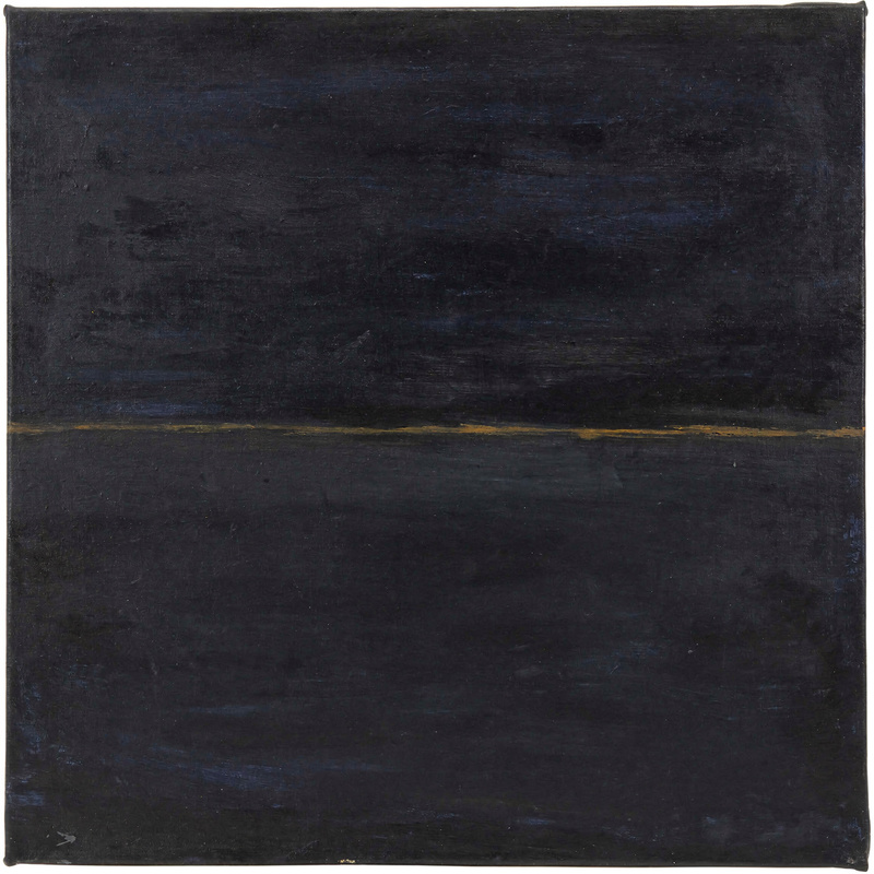 A nearly black deep navy painting with a single thin horizontal line of golden ochre two thirds of the way down, subtle variations of deep blue in the dark field, matte oil on linen.