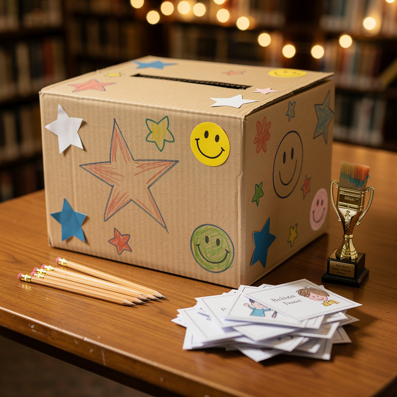 Cardboard ballot box decorated with paper stars, stickers and doodles, beside a pile of paper ballots, small pencils and a golden paintbrush trophy.
