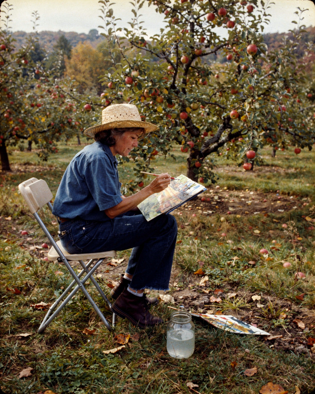 June Hollis painting in the Paulsen orchard, 1984. A slightly faded color photograph from the 1980s of a woman painter in her forties in a straw sun hat, sitting on a folding stool at the edge of an apple orchard in autumn, painting in gouache on a small board resting on her knees, a jar of water at her feet.