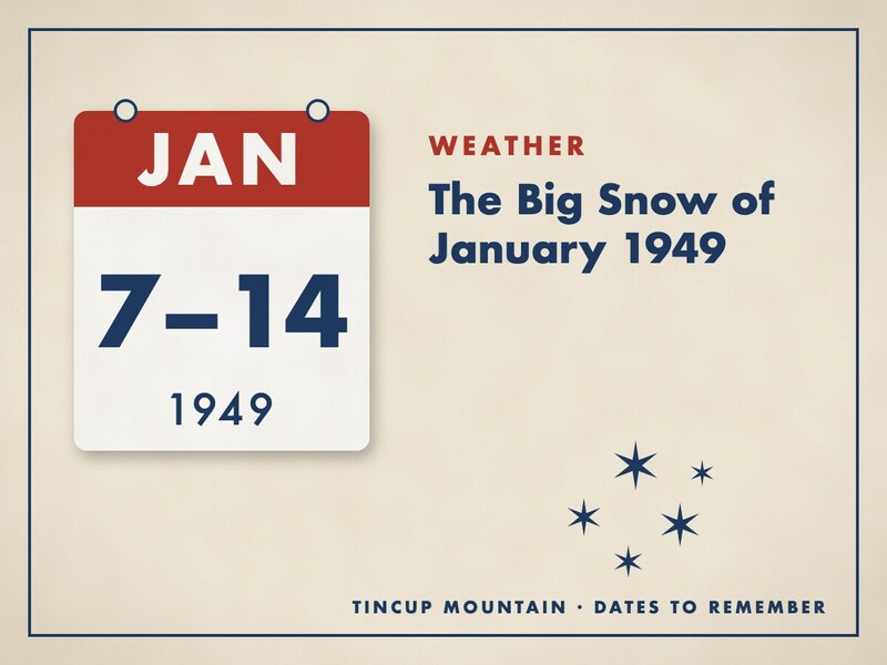 Illustrated date card: a calendar leaf reading January 7–14, 1949, beside the title The Big Snow of January 1949 and snowflakes.