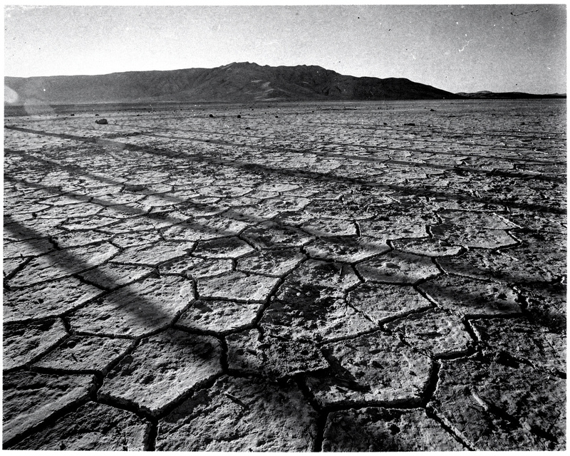 A black and white photograph of a cracked dry lakebed in low morning light, polygonal plates of mud with long shadows receding to a distant ridge, high contrast, fine grain.