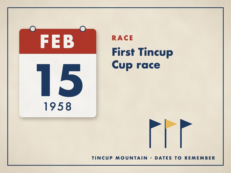 Illustrated date card: a calendar leaf reading February 15, 1958, beside the title First Tincup Cup race and three slalom flags.