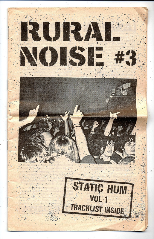 Zine cover: Rural Noise number 3, with a halftone photo of a crowd with raised arms and a stamp announcing the Static Hum Vol. 1 tracklist inside.