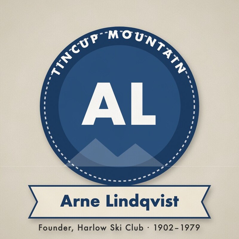 Navy roundel badge with the initials AL and a ribbon reading Arne Lindqvist, Founder, Harlow Ski Club, 1902–1979.