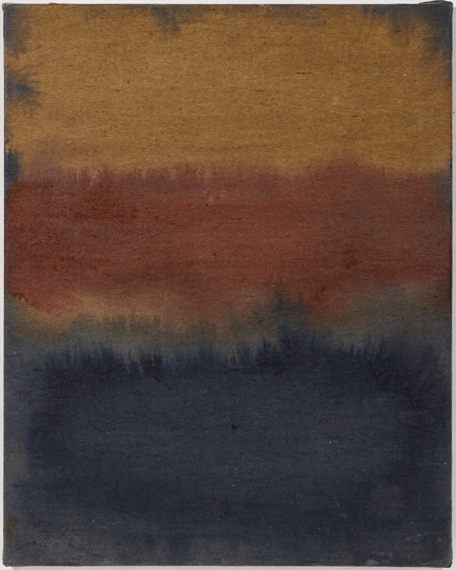 A color field painting of three softly edged horizontal bands, warm ochre at the top, rust red in the middle and deep night blue at the bottom, floating on a dark blue-grey ground; thin oil washes with feathered edges; the linen weave shows through.