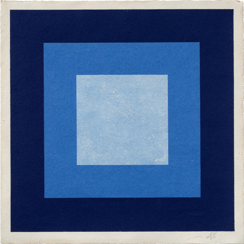 A screenprint of four nested squares of blue, deep navy outside to pale sky blue inside, each square set slightly low inside the one around it, flat ink, slight paper texture.