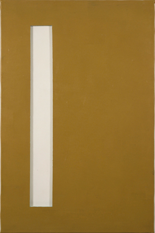 A hard-edge abstract painting: a large flat ochre field with a tall narrow off-white rectangular opening slightly left of center, crisp edges, acrylic on canvas.