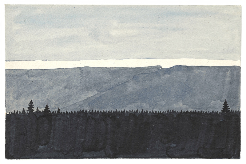 A gouache painting of a mountain ridge seen from a valley: a blue-grey mountain with bare white paper left for the snow above one crisp line, a dark band of pine forest below, a pale sky, simplified flat shapes.