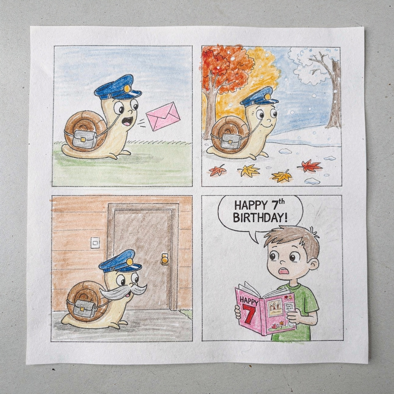 Four-panel pencil and watercolor comic of a snail mail carrier crawling through the seasons for years to deliver a Happy 7th Birthday card to a confused older kid.
