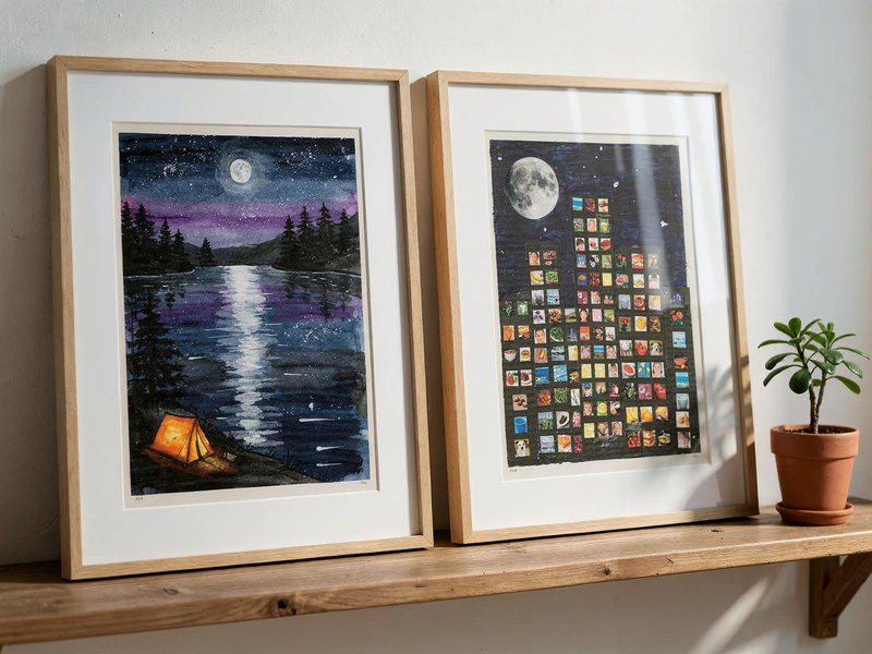 Two framed art prints on a wooden shelf: the Night Swim watercolor and the City at Night collage, each with a white mat in a light oak frame.