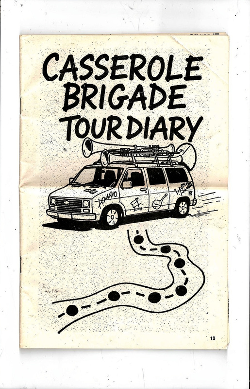 Zine cover: Casserole Brigade tour diary, a cartoon of a beat-up van with trombone cases on the roof and a hand-drawn road map.