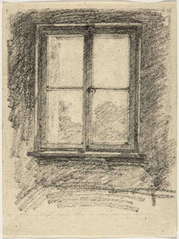A charcoal drawing on off-white paper of a four-pane window with soft light coming through, smudged charcoal shading on the wall around it, visible paper texture and erasure marks.