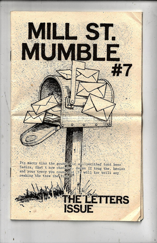 Zine cover: Mill St. Mumble number 7, the letters issue, with a drawing of a mailbox stuffed with envelopes and a few typed lines.