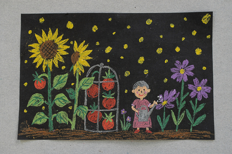 Oil pastel drawing on black paper of a night garden: sunflowers, tomato plants, purple flowers, a small grandma with a watering can, and yellow dots for fireflies.