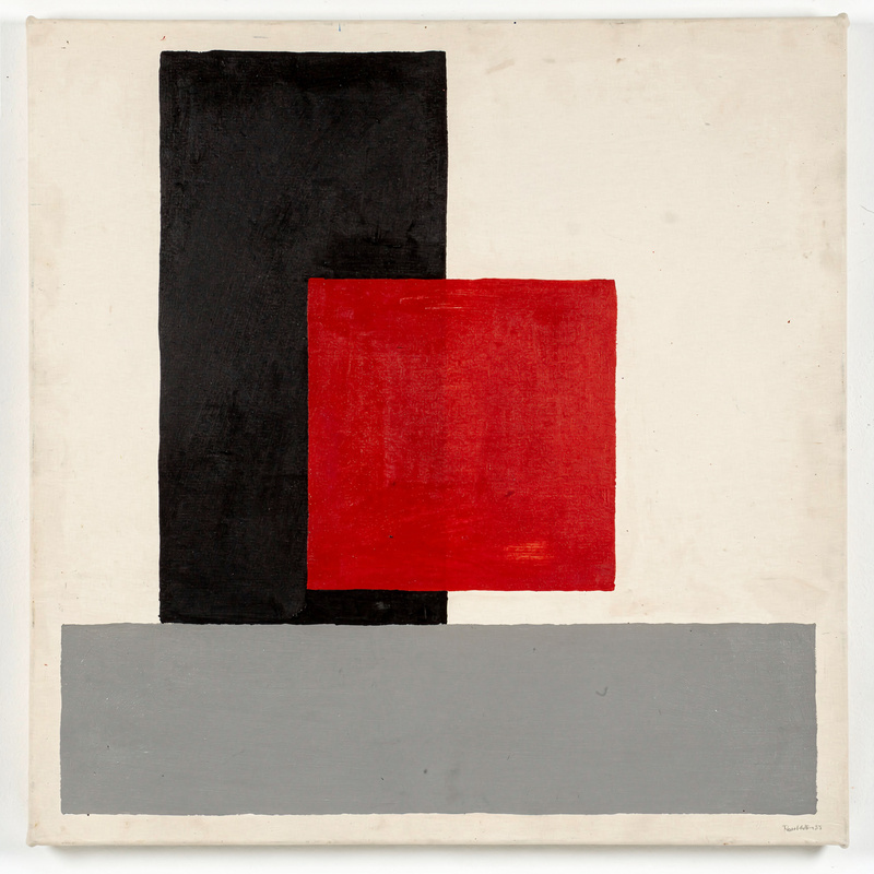 A hard-edge geometric abstract painting on an off-white ground: a tall black rectangle, a red square overlapping it, and a wide grey rectangle across the bottom, flat acrylic color with crisp edges.