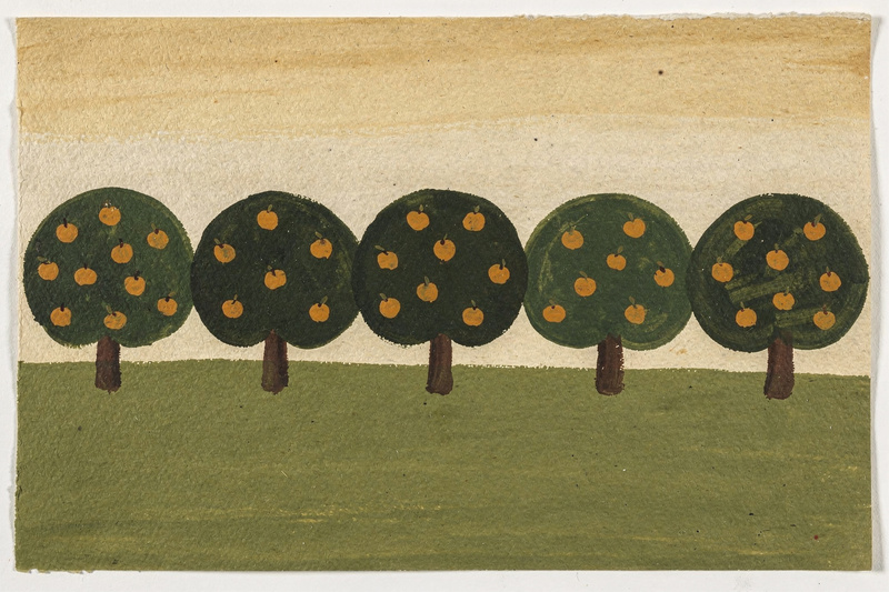 A gouache landscape painting on paper: a row of round dark green apple trees dotted with small orange apples, a pale warm sky band above, olive green ground, simple flattened shapes, visible paper grain.