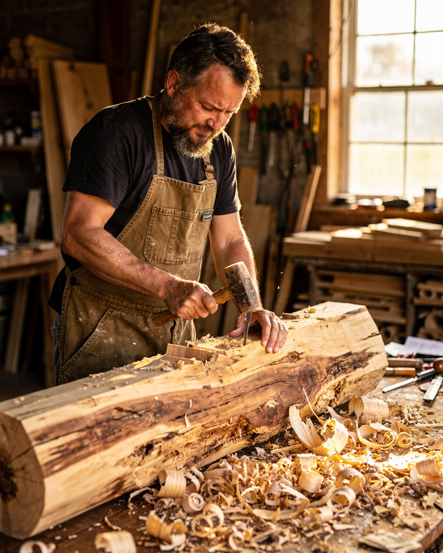 Daniel Reyes-Whitfield in his workshop, 2021. A color photograph of a man in his thirties with a short beard and a canvas apron, carving a large cedar log with a mallet and chisel in a woodshop full of wood shavings, warm light from a high window.