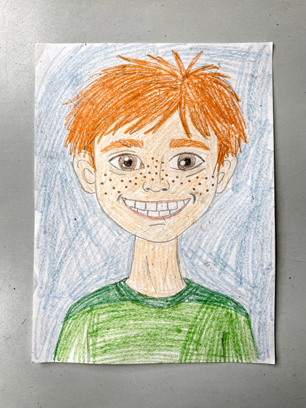 Colored-pencil self-portrait of a grinning kid with messy orange hair, many freckles and a green t-shirt, on a light blue background.