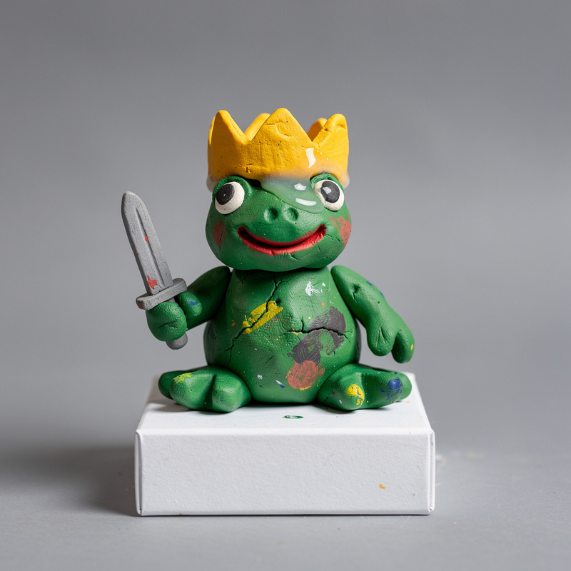 Lumpy green clay frog sitting upright with a crooked yellow crown and a tiny gray sword, uneven eyes and a red painted smile.