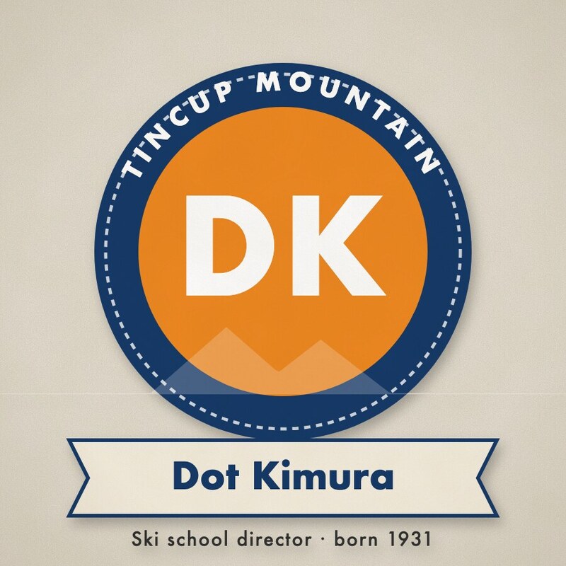 Orange and navy roundel badge with the initials DK and a ribbon reading Dot Kimura, Ski school director, born 1931.