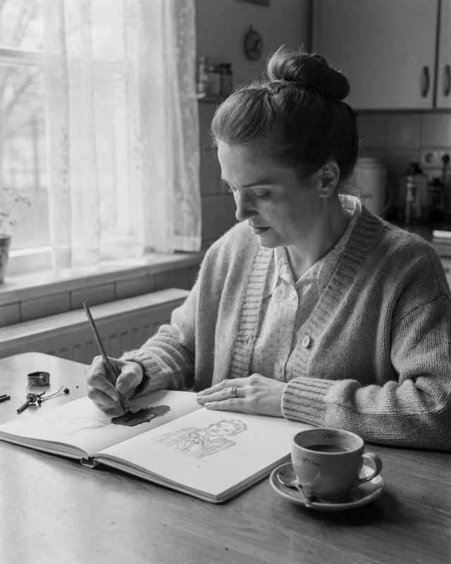 Helena Strand at her kitchen table, 1962. A black and white photograph from the early 1960s of a woman in her fifties with her hair in a bun and a cardigan, drawing with a stick of charcoal in a sketchbook at a kitchen table beside a window, a cup of coffee beside the sketchbook.