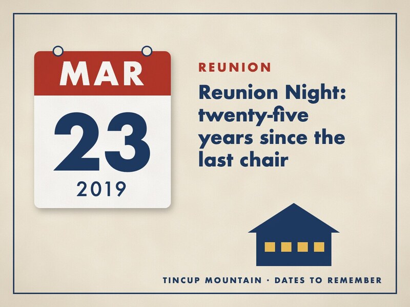 Illustrated date card: a calendar leaf reading March 23, 2019, beside the title Reunion Night, twenty-five years since the last chair, and a lodge with lit windows.