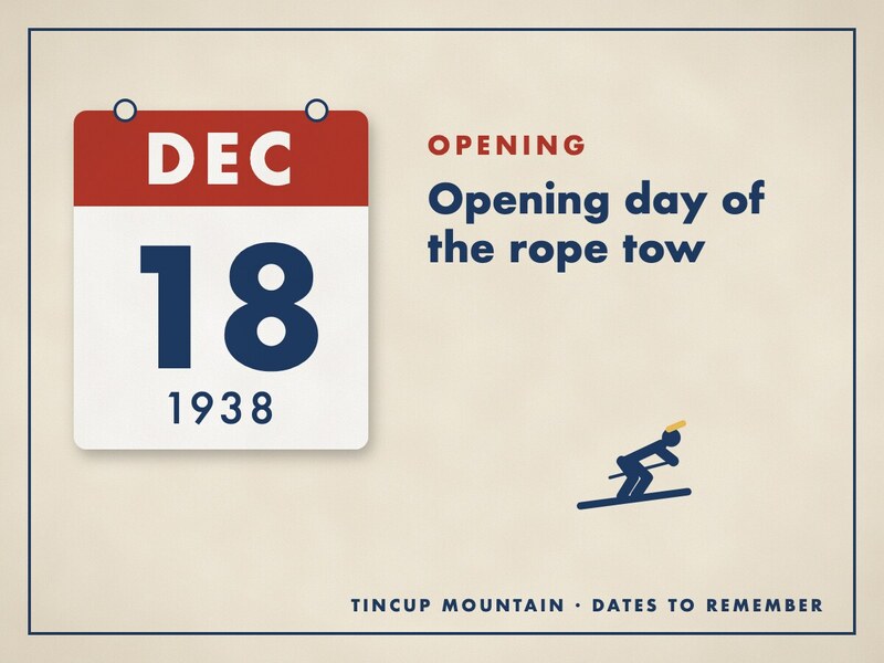 Illustrated date card: a calendar leaf reading December 18, 1938, beside the title Opening day of the rope tow and a small skier.