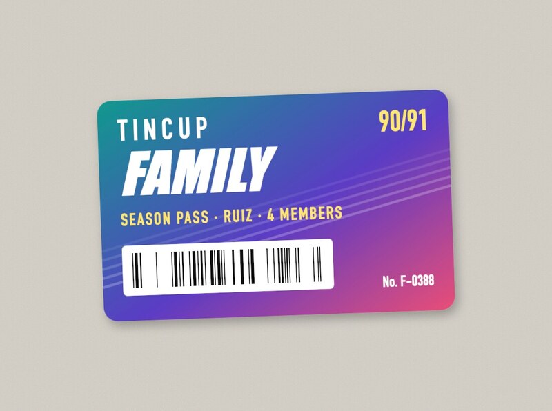 Plastic pass card in a teal-to-pink gradient: Tincup 90/91, Family Season Pass, Ruiz, 4 members, with a barcode.