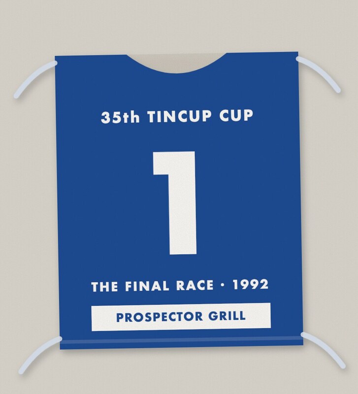 Blue racing bib with a large white number 1, 35th Tincup Cup, The Final Race 1992, sponsor Prospector Grill.