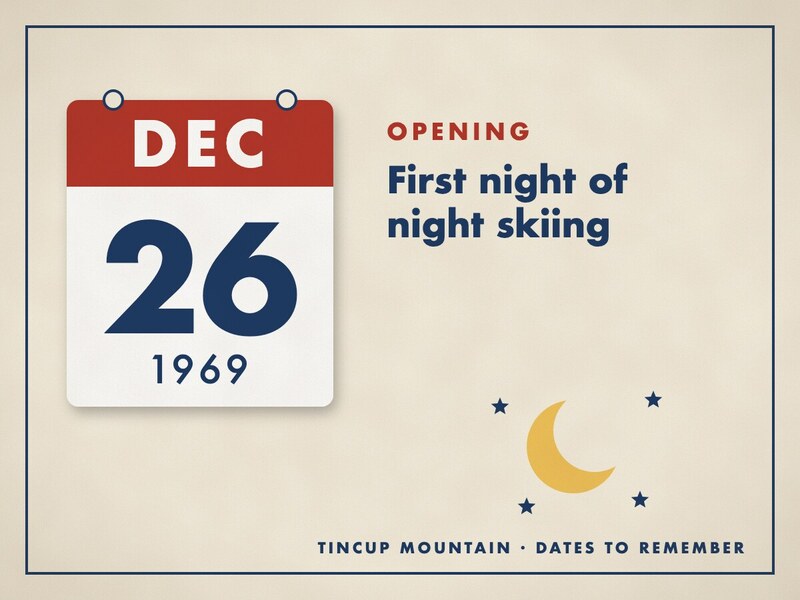 Illustrated date card: a calendar leaf reading December 26, 1969, beside the title First night of night skiing, a crescent moon and stars.
