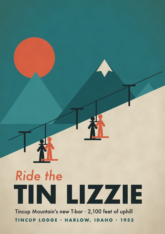 Mid-century poster in teal and coral: pairs of skiers ride a T-bar up a diagonal white slope beneath geometric peaks and a coral sun. Text: Ride the Tin Lizzie.