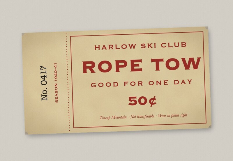 Buff card ticket printed in red: Harlow Ski Club, Rope Tow, Good for one day, 50 cents, with a perforated stub numbered 0417.