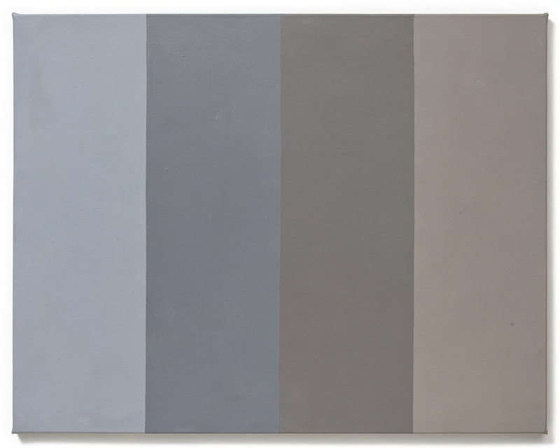 A minimalist painting of seven vertical bands of grey side by side, each a little warmer than the one before, from cool blue-grey on the left to warm taupe on the right, flat acrylic.