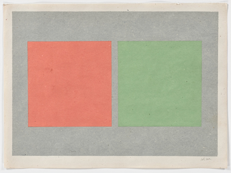 A screenprint of two adjacent squares, one coral red and one green of the same lightness, on a mid-grey ground, flat ink.