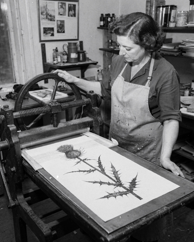 Nell Achterberg at the press, 1963. A black and white photograph from the 1960s, filling the whole frame edge to edge, of a woman in her forties wearing a printer's apron, turning the spoked wheel of an etching press in a small workshop; on the press bed lies a freshly printed etching of a wild spiky thistle plant with a tall stem and spiny leaves.