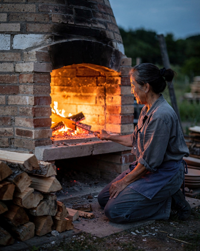 Aiko Mori at her wood kiln, 2015. A color photograph of a Japanese-American woman in her forties with her hair tied back and work clothes, kneeling in front of the open firebox of a brick wood-fired kiln at dusk, the glow of the fire lighting her face, stacks of split wood beside her.