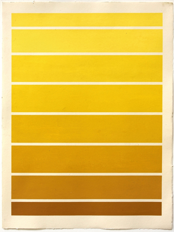 A screenprint of horizontal bands in five shades of yellow from lemon to ochre, separated by narrow white gaps, flat color.