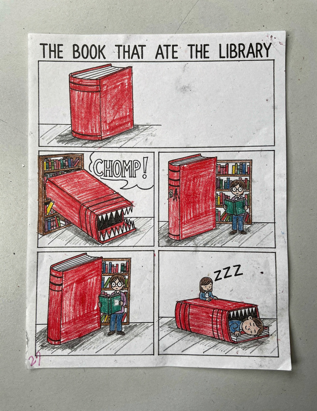 Five-panel ink and marker comic page titled The Book That Ate the Library: a red book with teeth grows huge and chomps the shelves, until a librarian reads it a story and it falls asleep.