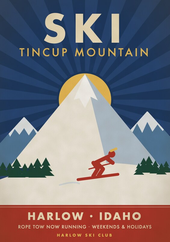 Art Deco poster: a red-capped skier in a tuck crosses the snowy foot of Tincup Mountain under a gold sunburst on navy. Large cream letters read SKI, Tincup Mountain, Harlow, Idaho.