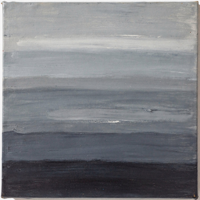 An abstract painting of stacked horizontal bands in cool greys and slate blues, the lowest band the darkest, soft brushy edges, oil on board.