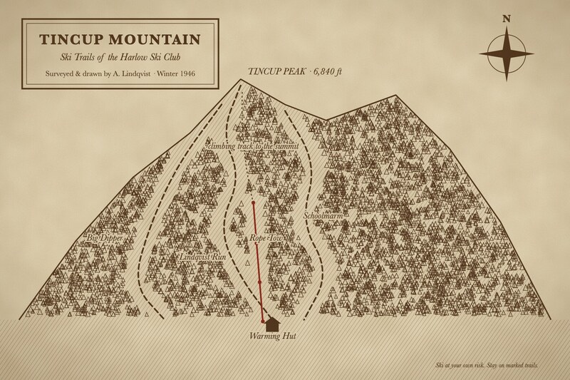 Hand-drawn sepia trail map of Tincup Mountain: hatched mountain face dotted with tree symbols, three dashed trails, a red rope tow line to mid-mountain, a compass rose and a framed title.